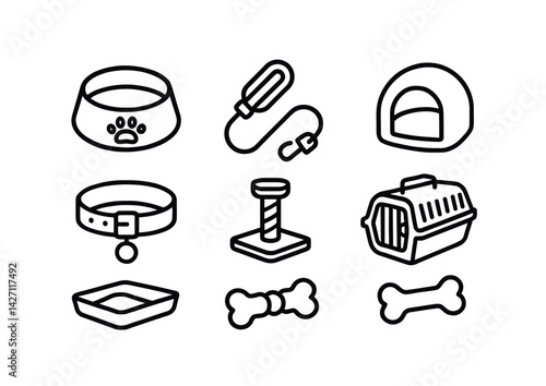 Pet care icon set – outline style symbols for animal accessories and supplies: pet bowl, leash, pet house, collar, scratching post, carrier, litter box, bone