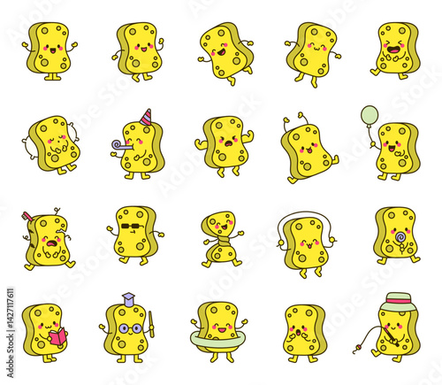 Cute kawaii cartoon sponge characters for fun emotional outline mascot design and joyful playful illustration set collection bundle