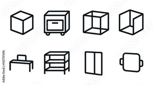 Home furniture icon set – outline style interior design and living space symbols: chair, table, shelf, drawer, cabinet, sofa, wardrobe, lamp