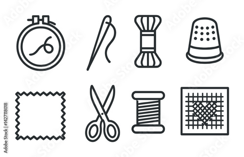 Sewing essentials icon set – outline style embroidery and tailoring tools for crafting and needlework: needle, thimble, thread spool, scissors, embroidery hoop, fabric swatch, cross stitch grid