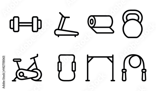 Fitness equipment icon set – outline style gym and workout symbols for exercise and fitness training: dumbbell, treadmill, yoga mat, kettlebell, exercise bike, punching bag, pull-up bar, jump rope