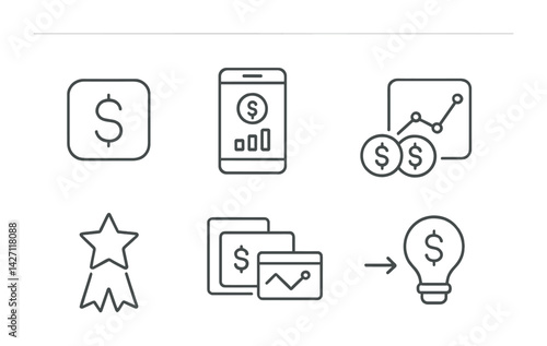 Finance and investment icon set - outline style monetary and economic symbols for budgeting, trading, and growth: dollar sign, smartphone, graph, reward badge, credit card, idea bulb