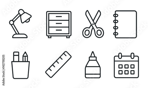 Office supplies icon set – outline style productivity and work tools for stationery, organization, and planning: desk lamp, cabinet, scissors, notebook, pencil holder, ruler, glue, calendar