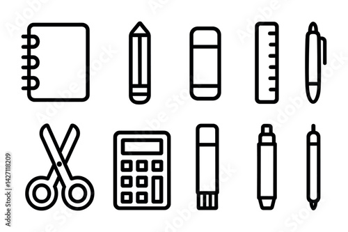Stationery icon set - line style school and office essentials: notebook, pencil, eraser, ruler, pen, scissors, calculator, marker, highlighter, mechanical pencil