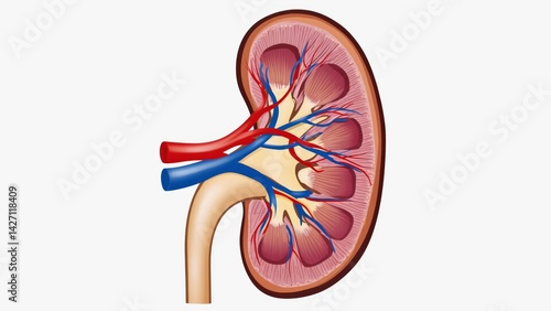 3D medical illustration of a human kidney with blood vessels.