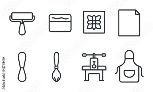 Printmaking tools icon set – outline style graphic design elements for art and craft projects: ink roller, brayer, squeegee, printing press, artist smock, brush, paper