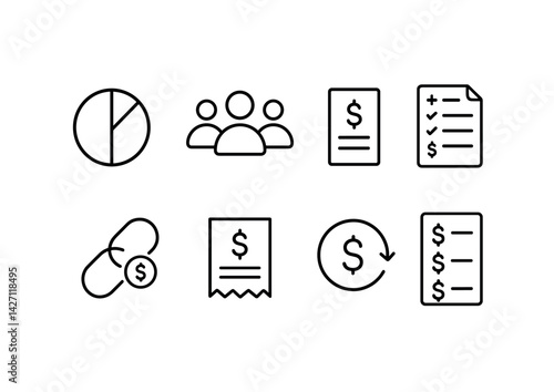 Finance and budget outline icons set – linear style symbols for money management, accounting, and expenses: pie chart, team, invoice, checklist, pills, receipt, refund, ledger