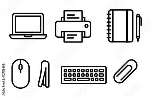 Office tools and equipment icon set – outline style workplace essentials for business and productivity: laptop, printer, notebook, mouse, keyboard, paperclip