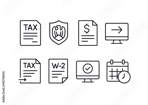 Tax and accounting icon set – outline style finance and irs symbols for financial planning and tax filing: tax form, w-2, computer monitor, calendar, shield, dollar document