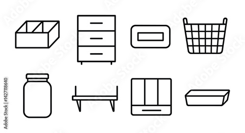 Home organization icon set – outline style for storage and tidying: drawer, basket, shelf, box, jar, tray, container, dispenser