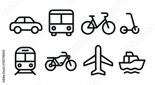 Transportation icon set – outline style for travel and mobility graphics: car, bus, bicycle, scooter, train, motorcycle, airplane, boat