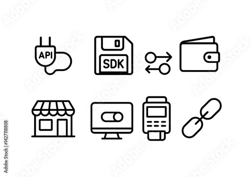 Technology and finance outline icon set - sleek line style symbols for digital innovation and banking, featuring api, sdk, wallet, store, computer, pos, link