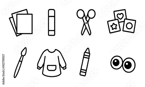 Arts and crafts linear icons set – outline style diy and creative activity symbols for artistry, design, and handmade projects: paper, glue stick, scissors, paintbrush, smock, crayon, stamps, googly