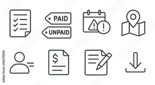 Accounting and finance icon set – outline style for bookkeeping and financial management: checklist, invoice, calendar, location, user, payment, document, download