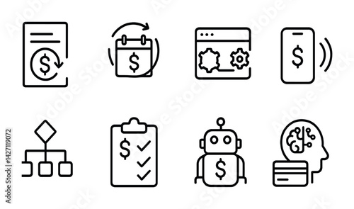 Finance and investment icon set – outline style banking and money management symbols: contract, calendar, website settings, mobile payment, flowchart, checklist, robot, ai