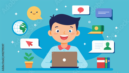 A young student excitedly shows off their progress in the language they are learning through an online video chat with friends from other countries.. Vector illustration