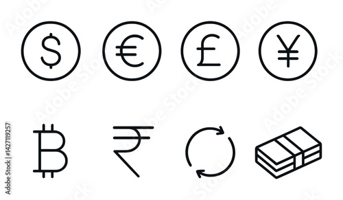 Currency symbols icon set – outline style financial and monetary icons for business and trade: dollar, euro, pound, yen, bitcoin, rupee, exchange, cash