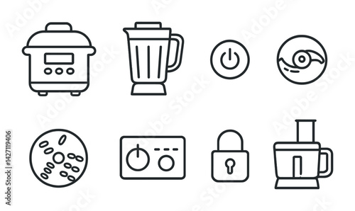 Kitchen appliances icon set – outline style household and culinary tools for home cooking and meal preparation: slow cooker, blender, power button, grinder, timer, lock, food processor