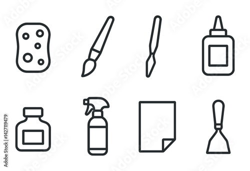 Art supplies icon set – outline style tools for creative projects, painting, and crafting: paintbrush, sponge, glue bottle, spray bottle, ink jar, scraper, palette knife