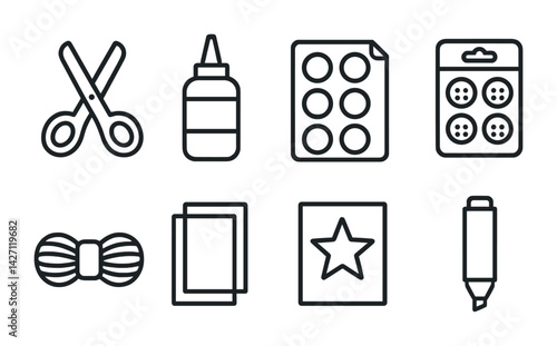 Crafting and diy outline icons set – sleek design craft supplies and creative arts symbols for hobbies and projects: scissors, glue, buttons, yarn, paper, star, marker