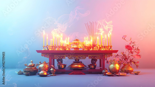 Ornate Golden Altar With Candles In Gradient Background