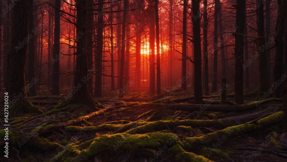 Mystical forest scene at sunset. Silhouettes of trees and mist create a dreamlike atmosphere.