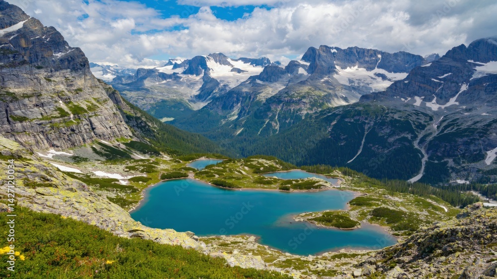 Breathtaking view of an alpine lake nestled amidst a stunning mountain landscape.