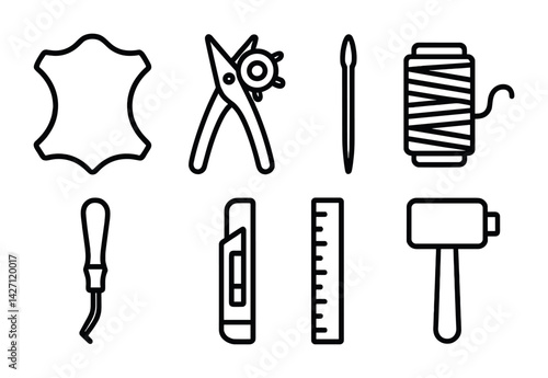 Crafting tools outline icon set – linear style sewing and leatherworking symbols for diy projects, tailoring, and artisans: leather, cutter, needle, thread, awl, ruler, mallet
