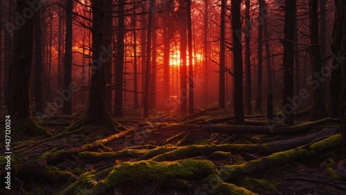 Obraz na płótnie Mystical forest scene at sunset. Silhouettes of trees and mist create a dreamlike atmosphere. w salonie