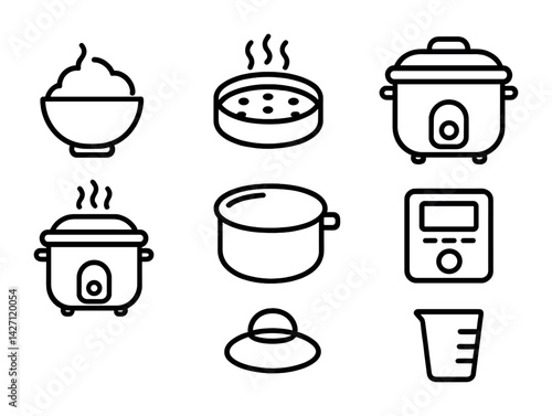 Kitchen appliance icon set – outline style cooking and culinary symbols for food preparation, home cooking, and recipe designing: rice cooker, steamer, pot, lid, measuring cup