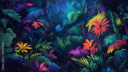 Vibrant tropical paradise featuring neon colored flora in a lush rainforest setting, tropical, colored, vibrant. lush neon rainforests. illustration. Neon Flora. Illustration