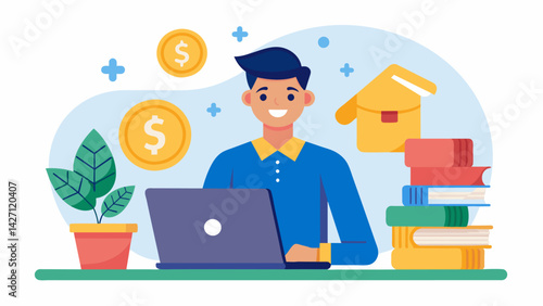 A student offering virtual tutoring services in their area of expertise using the income to save up for their tuition fees.. Vector illustration