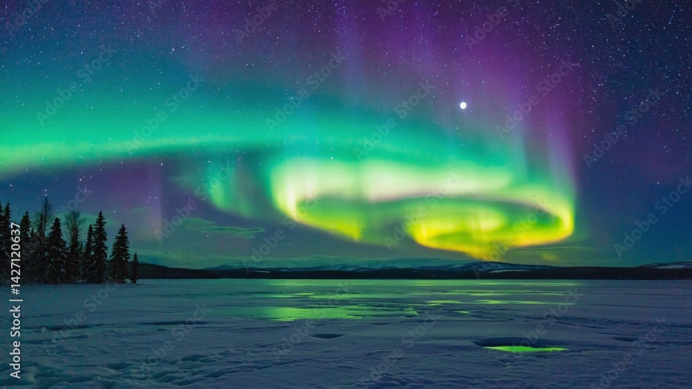 Colorful aurora over frozen water, night sky above