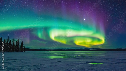 Obraz na płótnie Colorful aurora over frozen water, night sky above w salonie