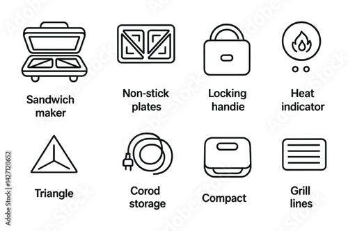 Kitchen appliance icon set – outline style cooking and baking essentials for home and professional use: sandwich maker, non-stick plates, locking handle, heat indicator, cord storage, compact design,