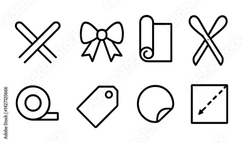 Packaging and gift wrap icon set – outline style symbols for presents and wrapping essentials: scissors, ribbon bow, roll of paper, tape, label, sticker, box cutter