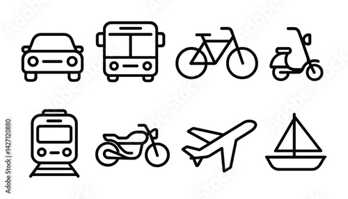 Transportation icon set – line style symbols for travel and mobility: car, bus, bicycle, scooter, train, motorcycle, airplane, boat