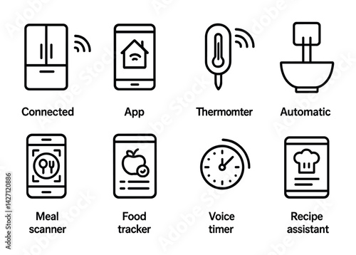 Smart home technology icon set – outline style automation and iot symbols for connected devices: wifi fridge, smartphone app, wireless thermometer, smart mixer, meal scanner, food tracker, voice