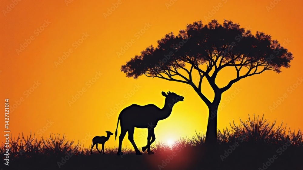 Giraffes are seen walking in silhouette against a stunning sunset. The large acacia tree adds to the beauty of the scene, creating a tranquil atmosphere.