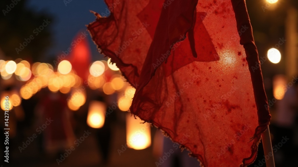 A close-up view of a torn banner stained with blood, moving gently in the wind amidst glowing lanterns, evoking a haunting and reflective atmosphere at night.