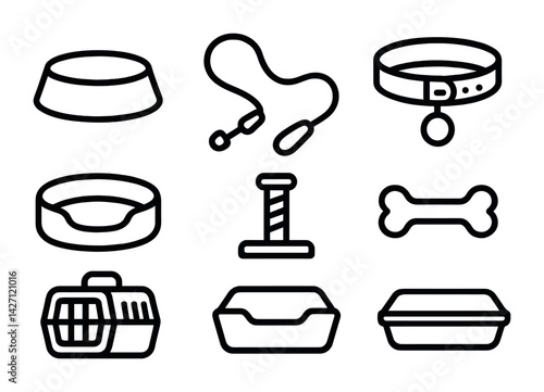 Pet care outline icons set – linear style animal and pet accessories for grooming, training, and safety: bowl, leash, collar, bed, scratching post, bone, carrier, litter box