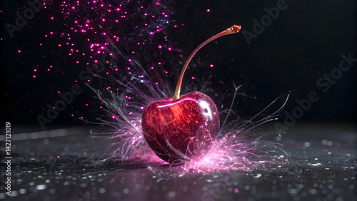 vibrant cherry bursting with pink splashes, creating stunning visual effect that captivates viewer attention