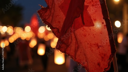 Obraz na płótnie A close-up view of a torn banner stained with blood, moving gently in the wind amidst glowing lanterns, evoking a haunting and reflective atmosphere at night. w salonie
