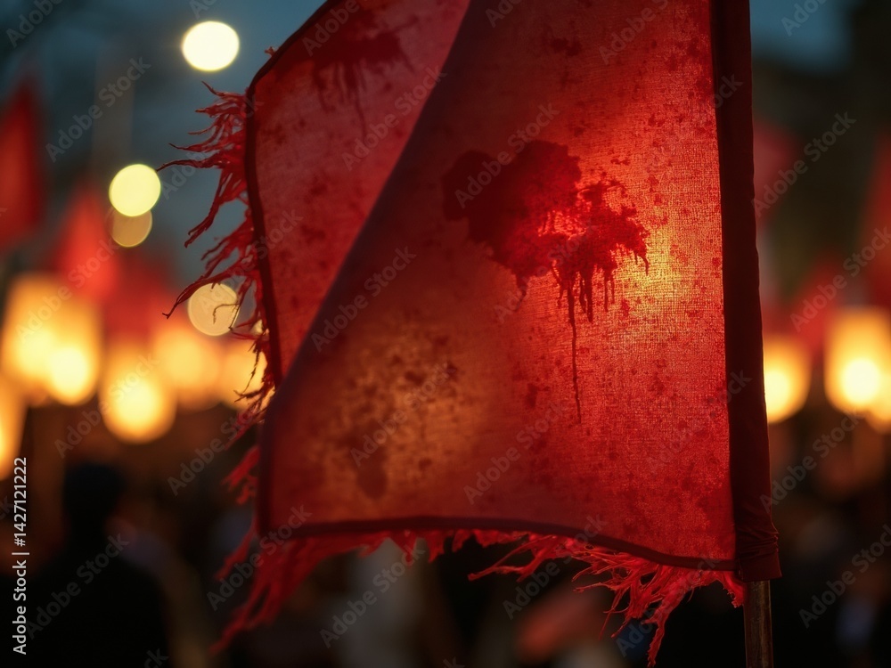 A striking blood stained banner dances in the night breeze, catching the warm glow of lanterns. This evocative display sets the atmosphere for a night procession.