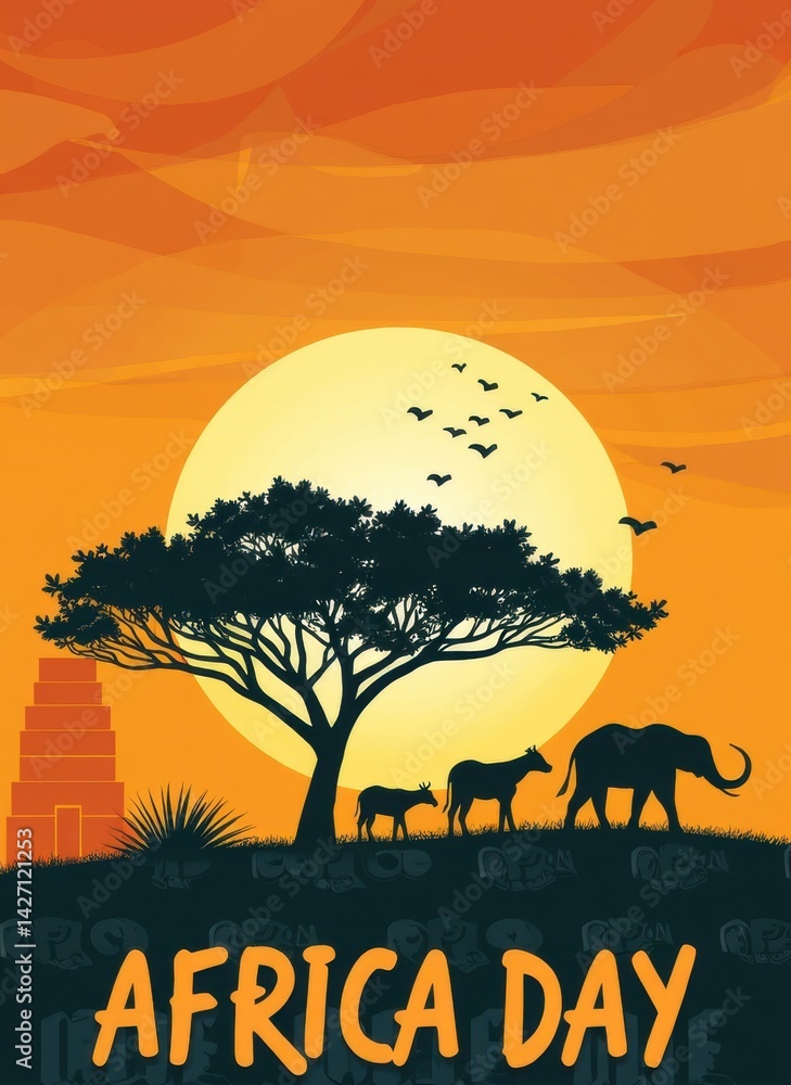 A colorful Africa Day poster captures the silhouettes of an elephant, cows, and a tree against a bold sunset. This design emphasizes African wildlife and culture.