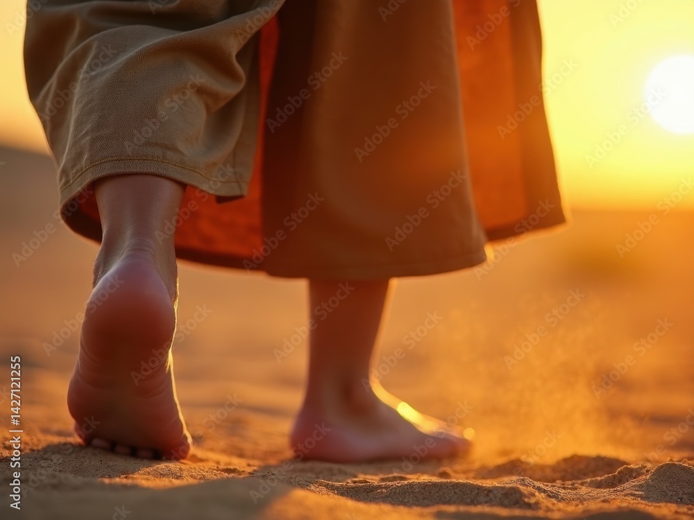 A child walks barefoot on hot sand, the warm glow of sunset highlighting the struggle faced by Imam Hussain family, capturing a poignant moment of suffering.