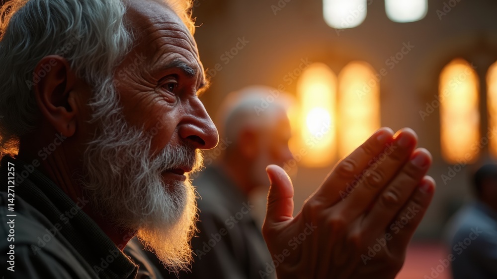 Close-up of a tearful elderly man with a weathered face, hands raised in prayer under dim mosque light at dawn, expressing profound sorrow and devotion.