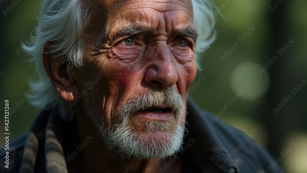 An elderly man with tear-streaked cheeks shows deep emotion while listening to a song in nature. The warm light and gentle shadows add to the poignant atmosphere.