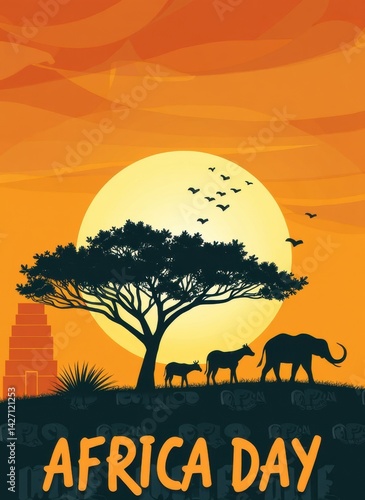 Obraz na płótnie A colorful Africa Day poster captures the silhouettes of an elephant, cows, and a tree against a bold sunset. This design emphasizes African wildlife and culture. w salonie