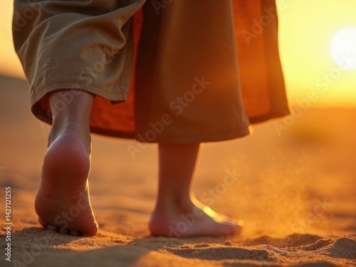 Obraz na płótnie A child walks barefoot on hot sand, the warm glow of sunset highlighting the struggle faced by Imam Hussain family, capturing a poignant moment of suffering. w salonie